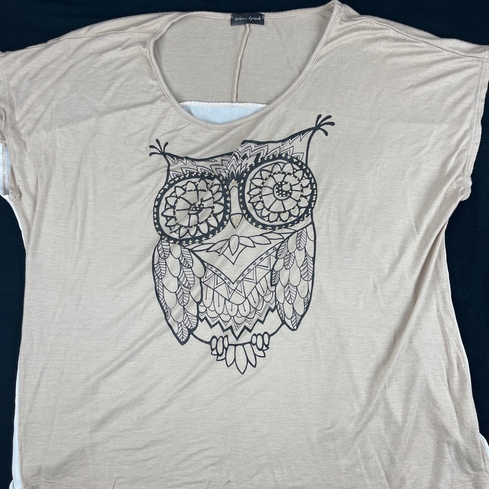 Urban Episode Tshirt Womens White Round Neck Owls Stones